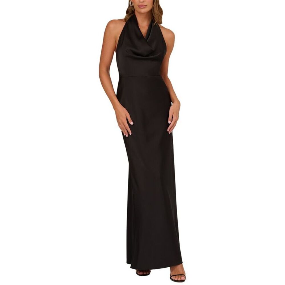 Adrianna Papell Womens Satin Cowl Neck Long Dress, Black